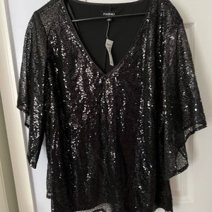 Dressbarn Roz & Ali Black Sequin Flutter Sleeve Blouse- You’re Gem
